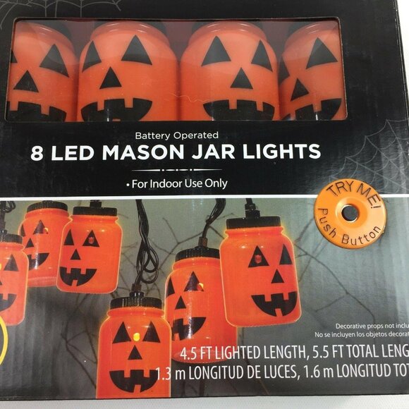 Halloween 8 LED Mason Jar Indoor Lights Battery Operated Orange Jack-O-Lantern - Picture 1 of 2